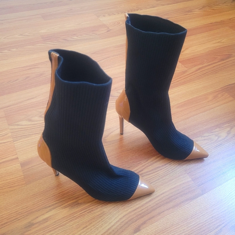 FSJ Fabric Stiletto Boots, Size 8, Black and Tan
